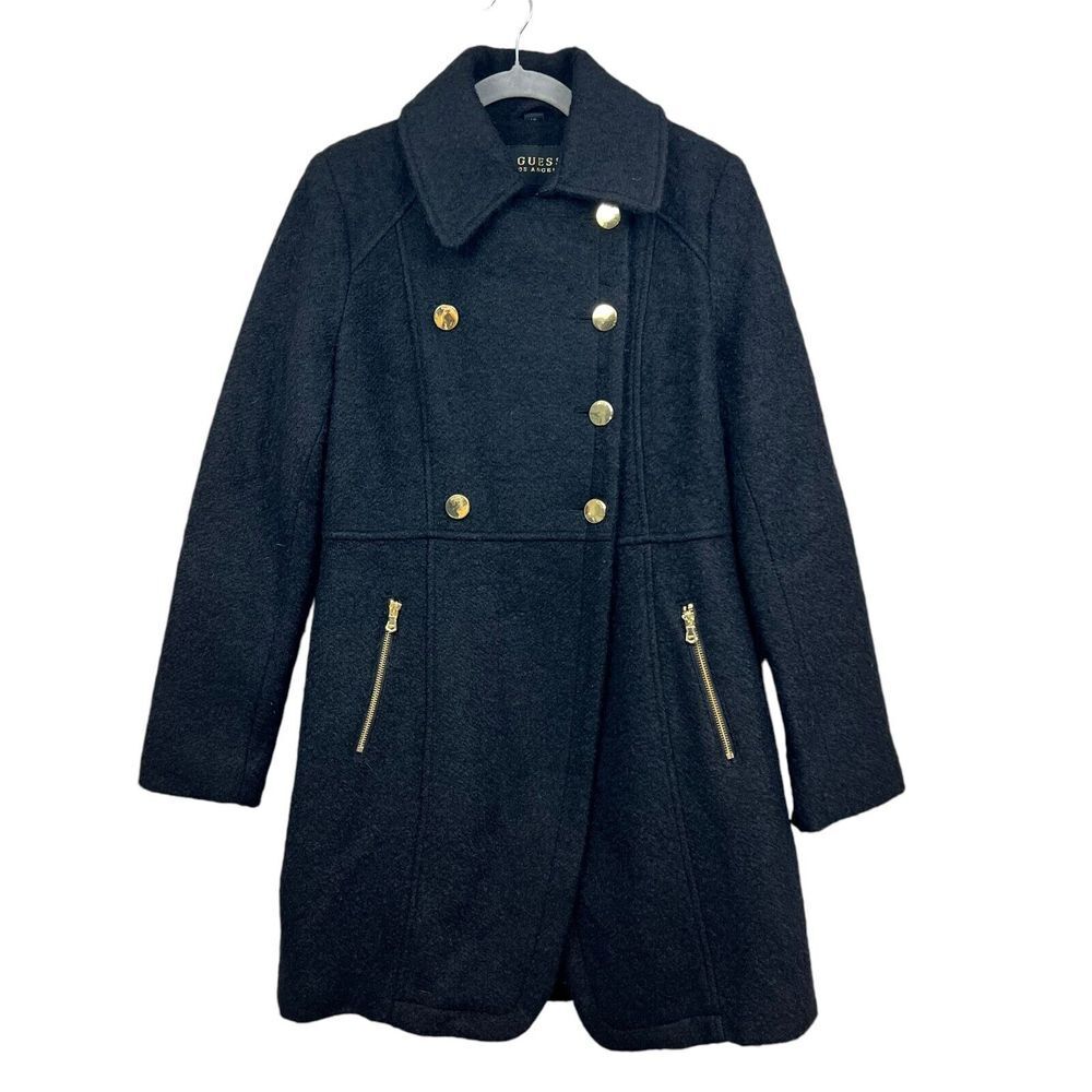 Guess Womens Peacoat Jacket Wool Blend Double Breasted Gold Buttons Zip Black M